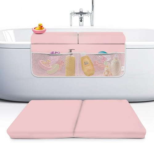 Memory Foam Bath Kneeler and Elbow Rest Pad Set, 2-Inch Thick, Water-Resistant Mat – Baby Bath Time Essentials Cushion and Bath Kneeling Pad for Bathing Baby with Bathtub Toy Organizer (Pink)