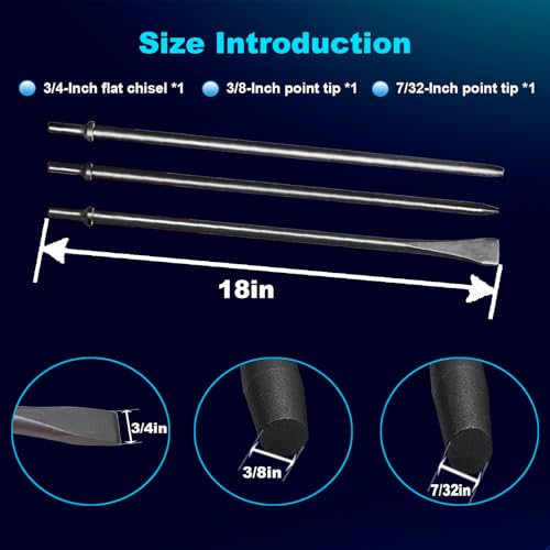 Image of Pneumatic Taper Punch and Air Cold Chisel Three-Piece Set, 7 /32 inch x 18 inch Point Tip,3 /8 inch x 18 inch Point Tip,3 /4 inch x 18 inch Flat Chisel, 0.401 inch Shank Air Tool Suitable for Air Hammer, Cr-Mo Alloy Steel