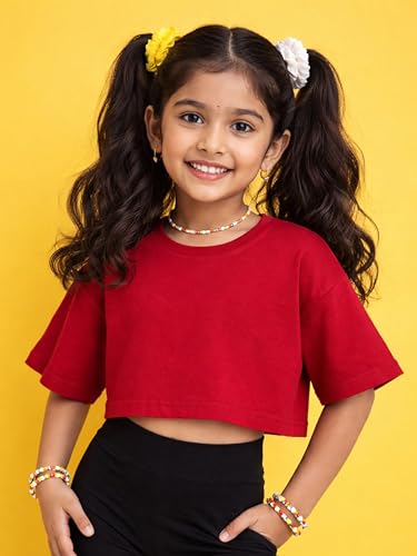 Image of KiddoPanti Girls 100% Cotton Solid Drop Shoulder Half Sleeve Round Neck Crop Tee