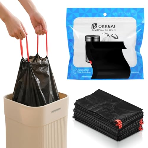 OKKEAI 60 Petit Sacs Poubelle avec Liens Coulissants, Sac Poubelle 20L Noir Sac à Ordure, Sachets Prédécoupés à Retrait Facile, Résistants et Anti-Fuites, Idéal pour Salle de Bain, Bureau, Chambre