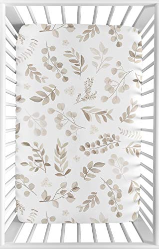 Image of Sweet Jojo Designs Boho Botanical Leaf Boy Girl Fitted Mini Crib Sheet Baby Nursery Portable Crib Pack and Play Gender Neutral Ivory Cream Beige Tan Off White Taupe Woodland Farmhouse Floral Bohemian