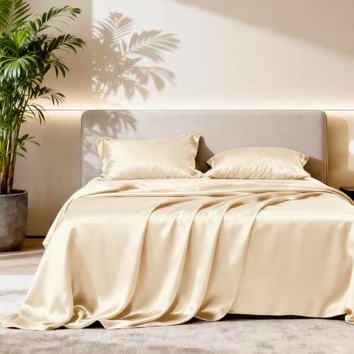 Image of Love's cabin Satin King Sheet Sets - 4 Piece Beige Silky Sheets King Size Bed Set with Deep Pocket, Luxury Silk Feel King Size Satin Sheet Set (1 Flat Sheet,1 Fitted Sheet,2 Pillow Cases)