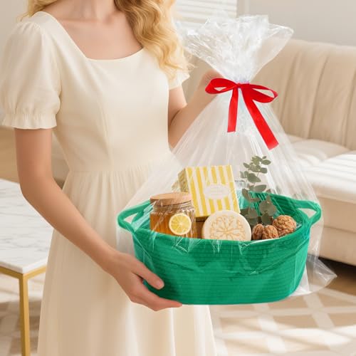 Image of Woven Basket with Gift Bags and Ribbons, 14 inchX 10 inch X 6 inch Storage Basket Green | Gift Storage Organizer Basket Bin Shelf Shelves Cotton Rope Basket for Nursery, Pet Toys
