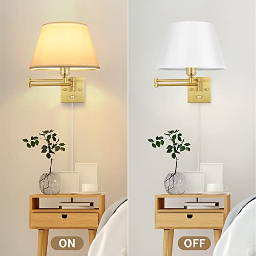 Image of TRLIFE Dimmable Wall Sconce Plug in, Brushed Brass Wall Sconces Set of 2 Swing Arm Wall Lights with Plug in Cord and Dimmer On /Off Knob Switch, 11.8 inch Large White Fabric Shade(2 LED Bulbs Included)
