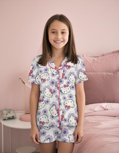 Hello Kitty Girls Pajama Set - 2 Piece Cozy Girls Pjs with Button Down Short Sleeve & Shorts For Kids - Official Product2