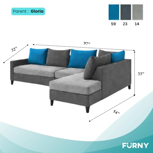 Image of FURNY Glory 6 Seater RHS Fabric Sofa Set (Dark Grey-Light Grey-Aqua Blue) with Velvet Finish | Durable Comfort | Ideal for Living Room | Breathable material