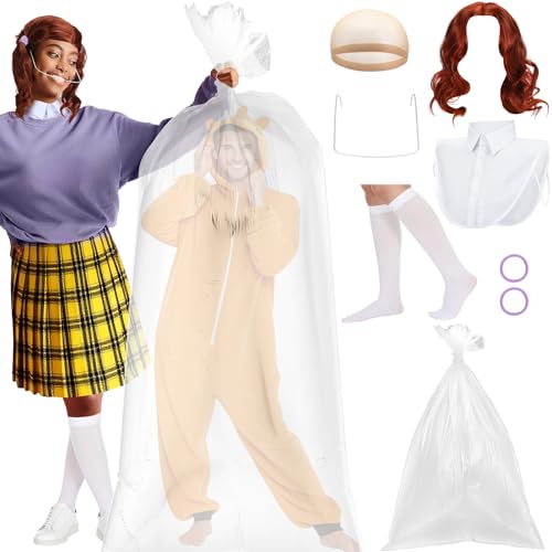 Chicingyou 7 Pcs Halloween Costume Kit Include Red Ponytails Wig Women Collar White Knee High Socks Purple Hair Ties Fake Braces and 60 x 40 Inch Giant Plastic Bag Adult Couple Cosplay
