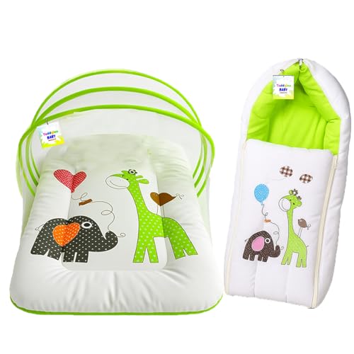 Image of Toddylon Cotton Baby Bedding Set New Born Baby Bed | Carry Bag | Mattress | Mosquito Net | Insect Protector | Infants Carry Bed (0-6 Months) Green (2PCS Set), 24 tc