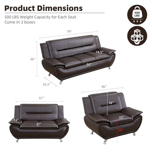 Image of Leather Sectional Couch Set, Living Room Furnishings, 3 - Piece Couch Set, Faux Leather Modern Sectional Couch Loveseat Chair Set with Sturdy Legs for Living Room /Bedroom /Office,Brown