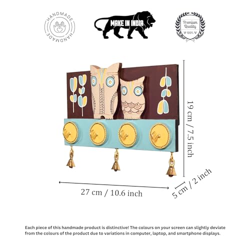 Image of Aakriti Art Creations Key Holder, Julu Key Hanger with Mask Motifs and Beautiful Artwork | Rustic Wooden Wall Organizer with 4 Hooks | Storage Shelf For Keys, Hats| Multifunctional Entryway Decor Item