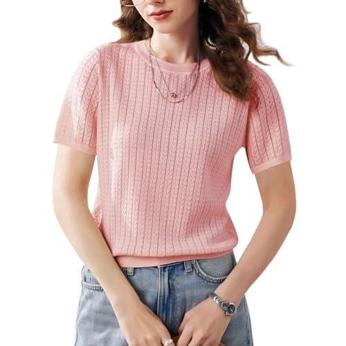 Image of Wowcarbazole Womens Summer Tops Short Sleeve Casual Crew Neck Fashion T Shirts Knit Pullover Sweater Trendy 2024