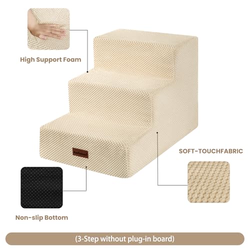 Image of Aodisman Dog Stairs for Small Dogs,Wider 3-Step Pet Steps for Couch & Bed | High-Density Foam Dog Steps with Anti-Slip Bottom,Easy for Puppies,Older Cats & Dogs to Reach Sofas & Chairs,Beige,15.7 inch H