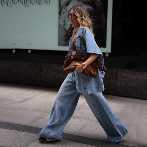 NIFTRIRY Denim Set for Women 2 Piece Short Sleeve Collar Denim Jacket with Pockets and Wide Leg Jean Pants Summer Sets3