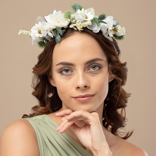 Image of Radhu & Kabby White Daisy Floral Hair Tiara for Women | Artificial Flower Crown with Ribbon Tie | Elegant Headpiece for Weddings, Photoshoots, Festivals & Celebrations | Lightweight | 1 Pc