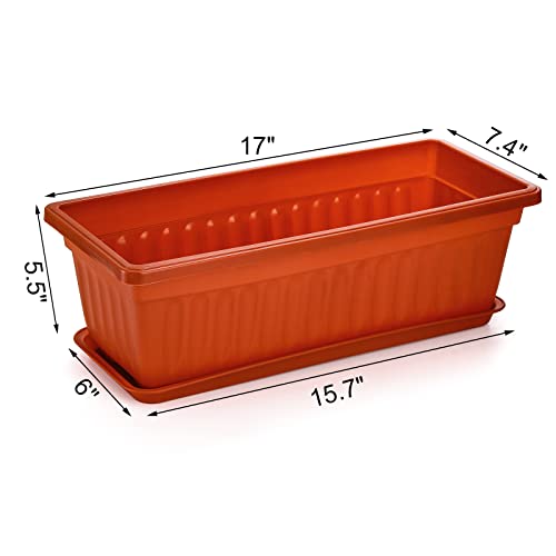 Fasmov 5 Pack 17 Inches Flower Window Box Plastic Vegetable Planters With Trays Vegetables Growing Container Garden Flower Plant Pot With 5 Pcs Plant Labels For Balcony, Patio, Garden, Orange #TOP3
