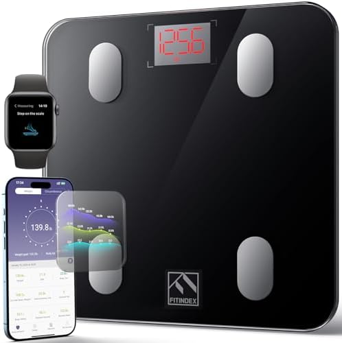 FITINDEX Bluetooth Body Scale | Smart Wireless Digital Bathroom | Weight Scale | Body Composition Monitor | iOS and Android APP Support for Body Weight, Fat, Water- Black (ES-26M-BK)