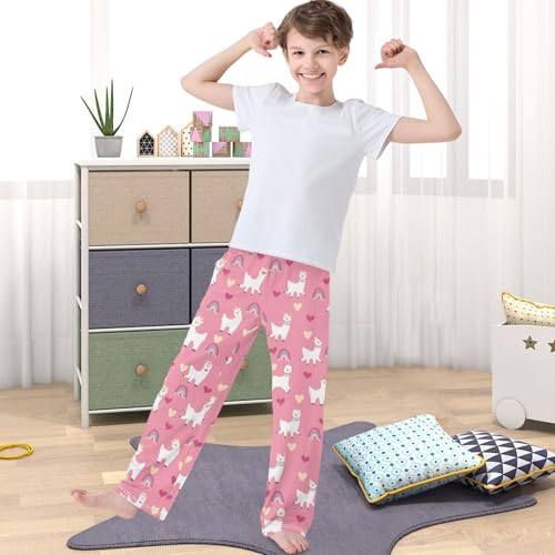 Boy's Pj Pants Rainbow Heart Happy Alpaca Pink Lounge Bottoms Elastic Waist Kids Joggers with Pockets Size 6-144