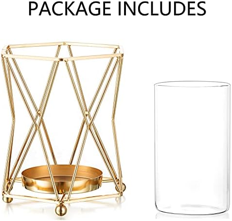 NUPTIO Glass Flower Vase with Geometric Metal Rack Stand, Gold Candle Holders for Pillar Candles, 17cm Tall Hurricane Candle Holder Centerpiece for Home Office Living Room Wedding Decor