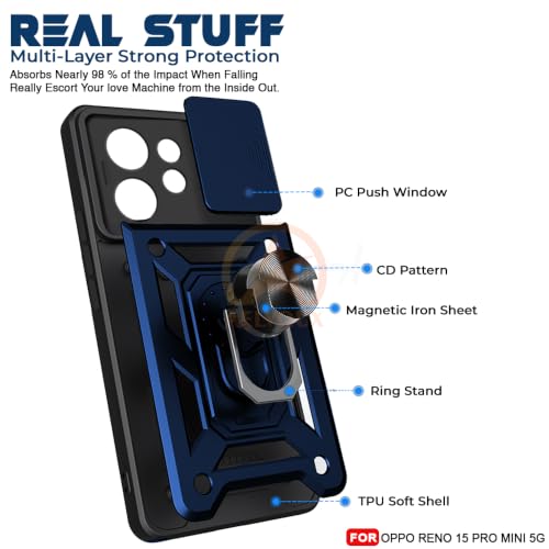 Image of Armor Bumper Back Cover Case for Oppo Reno 15 Pro Mini 5G Rotating Camera Cover, Ring Holder & Kickstand | Heavy Duty & 360 Degree Protection Oppo Reno 15 Pro Mini 5G Back Cover (Blue)