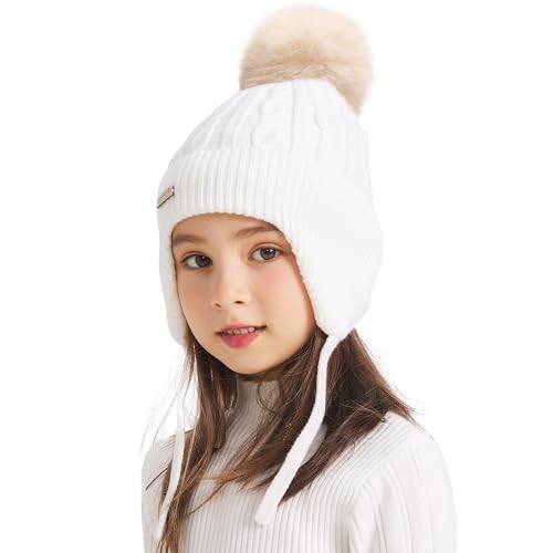 ZLYC - ZLYC Kinder Mädchen Strickmützen Wintermützen Baumwolle Pom Pom Beanie(Einfarbig Weiß),Einheitsgröße