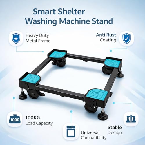 Image of Smart Shelter Washing Machine Stand with Wheels & Green Anti Vibration Pads Adjustable Metal Stand for All Semi or Front or Top Load Washing Machine, Fridge, Dishwasher Stand, etc (Stands up to 170Kg)