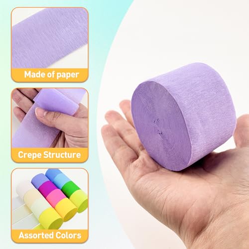 Image of Pastel Rainbow Crepe Paper Streamers, 12 Rolls, 984 ft | 12 pastel rainbow colors 82 ft per roll Crepe paper streamers For birthdays, showers, weddings, classrooms, and DIY decor