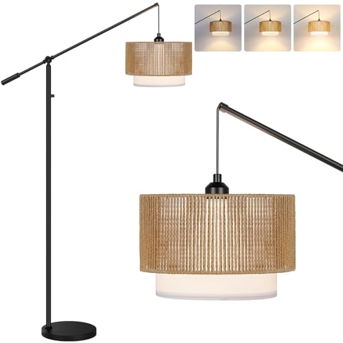 Image of 【Upgraded】Boho Dimmable Floor Lamps with Adjustable Swing Arm, 1100 Lumens Bulb Included, Modern Standing Lamp with Rattan & Fabric Shades, Farmhouse Tall Arc Floor Lamp for Living Room Bedroom, Black