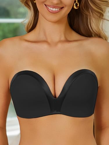 Image of Push Up Strapless Bras for Women Wirefree Non Slip Smoothing Bra Satin Patchwork 34C