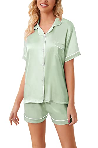 Image of Schbbbta Girls Womens Pajamas, Satin Silky Pjs Set Kids 2Pcs Button-Down Nightwear Sleepwear Gift for Mommy and me