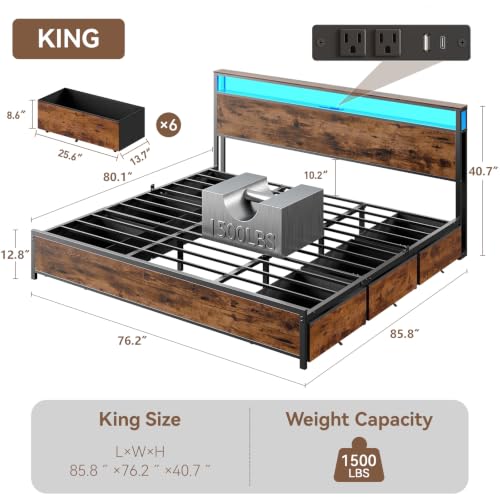 Image of Forestell King Size Bed Frame with 2-Tier Storage Headboard & 6 Drawers | Platform Bed with Heavy Duty Slat Support, Charging Station & LED, USB, Type-C & AC Ports, Noise-Free, No Box Spring, Brown