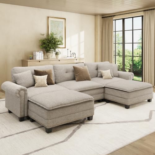 Image of HERA'S HOUSE 116 inch Oversized U Shaped Modular Sectional Couch Living Room | Mid-Century Modern 5-Seater Cloud Sofa, Light Gray, Rolled Arms & Nailhead Trim, Wider & Deeper Seats, Ottoman, Linen