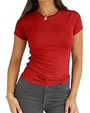 Abardsion 2025 Women Casual Activewear T Shirts Basic Crewneck Raglan Short Sleeve Slim Fit Going Out Tops(Big Red, XS)