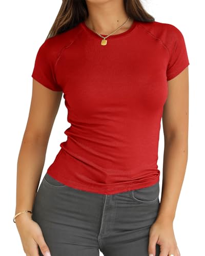 Abardsion Women Casual Raglan Sleeve Crewneck T Shirts - 2025 Summer Basic Activewear Slim Fit Going Out Tops(Big Red, M)