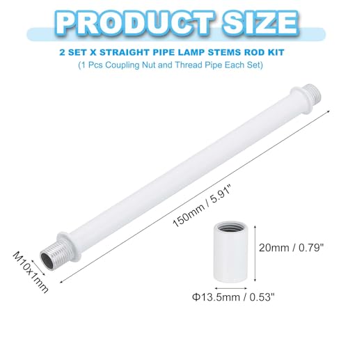 Image of PATIKIL Straight Pipe Lamp Stems Rod Kit, 2 Set M10 Carbon Steel 150mm(5.91 inch) Long Double End Thread Rod with Coupling Nuts Sleeve Connector for Table Lamps Chandeliers,White