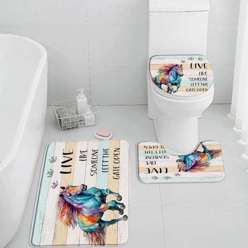 QWRSMYX 3 Pieces Set Rustic Farmhouse Horse Bath Mat Farm Animal Inspirational Quote Motivational Word Colorful Vintage Barn Door Wooden Plank Bathroom Rug Toilet Lid Cover Pedestal Rug U-Shaped