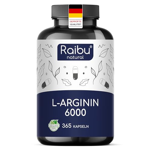 L-Arginin Kapseln Hochdosiert - 365 Vegane Kapseln - 6000 mg pflanzliches L Arginin HCl pro Tagesdosis (davon 4976 mg rein) - Ohne Zusatzstoffe & Laborgeprüft - Raibu