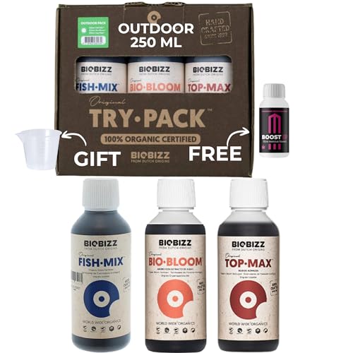 GROWMANIA Trypack Outdoor Biobizz + échantillon Boost Up Nutriments + Verre doseur | Engrais Bio Bloom, Top Max et Fish Mix pour plantes et cultures | Stimulation de la croissance