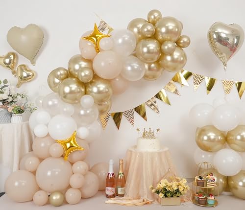 Image of Cream White Gold Balloon Arch Kit, Beige Balloon Garland for Baby Shower | Nude beige, cream white and champagne gold balloons with clear and star foil accents for boho birthday, shower and wedding