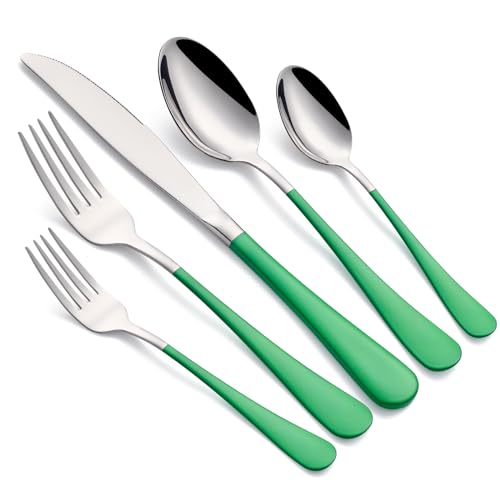 Grass Green Silverware Set 20 Piece 180 Stainless Steel Flatware Grass Green Handle Cutlery Set Service for 4 Fork Knife Spoon Set Mirror Finish Dishwasher Safe