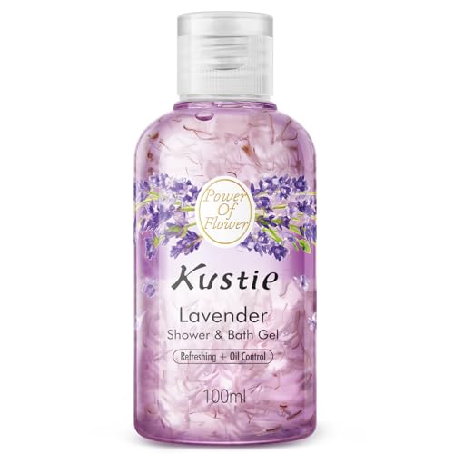 Kustie Lavender Travel Size Body Wash – 100ml Mini Shower Gel with Real Provence Petals & Tea Tree Oil – Antibacterial, Moisturizing, 24HR Floral Scent for Oily, Sensitive & Acne-Prone Skin