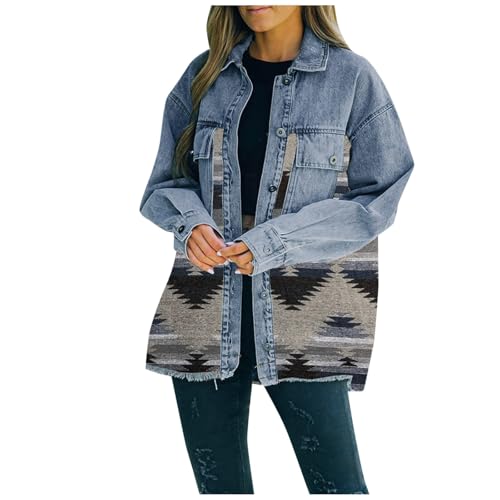 Veste en jean aztèque manches longues effilochées et broderies au dos