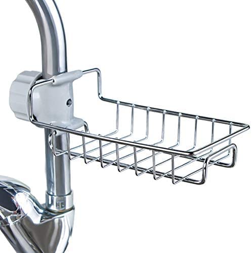 Stainless Steel Kitchen Sink Faucet Sponge Holder Caddy | Heavy-Duty Hanging Drain Rack for Scrubbers, Soap & Sponges | Thickened Stainless Steel Over-Faucet Organizer