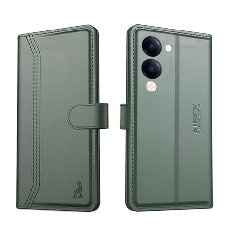 Image of AIBEX Compatible for Vivo T4 Lite 5G / iQOO Z10 Lite 5G / Vivo Y19 5G / Vivo Y19e Flip Cover Leather Finish | Inside TPU with Card Pockets | Wallet Stand | Complete Protection Flip Case -Green