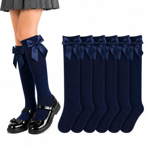 Chaussettes hautes fille coton lot 6 paires chaussettes longues ruban école noir blanc marine
