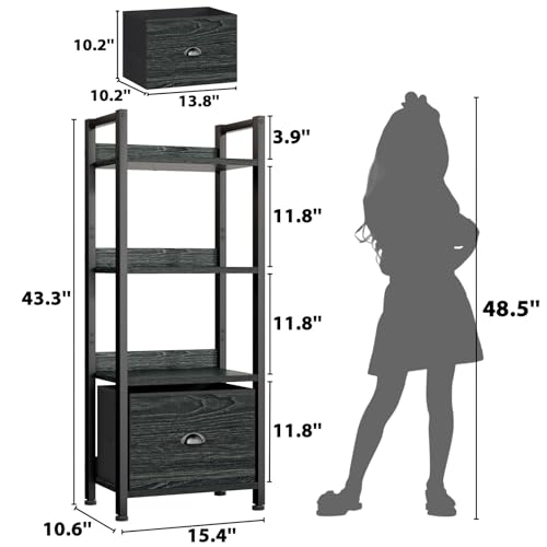 Image of Furologee 4 Tier Bookshelf with Drawer, Small Narrow Bookcase, Wood and Metal Standing Shelf Unit, Industrial Display Storage Shelves Organizer for Bedroom, Living Room, Entryway, Black
