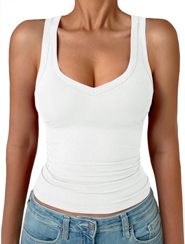 GKBK Womens Sleeveless Tank Top Form Fitting Spaghetti Strap V Neck Ribbed Knit Workout Basic Slim Fitted Crop Summer Blouses 2025 Cami Layering Casual Shirts White M