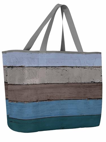 Mesh Beach Bag Oversized Tote Bags for Women Farm Blue Wood Board Large Travel Pool Bags with 8 Pockets