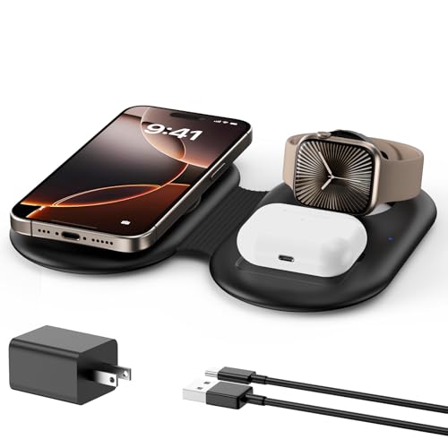 Foldable Travel Charger for Apple Device, 3-in-1 Wireless Magnetic Charging Station/Pad Compatible for Apple 16/15/14/13/12 Series, Compatible for Apple Watch S1-9/Ultra/AirPods3/Pro/2