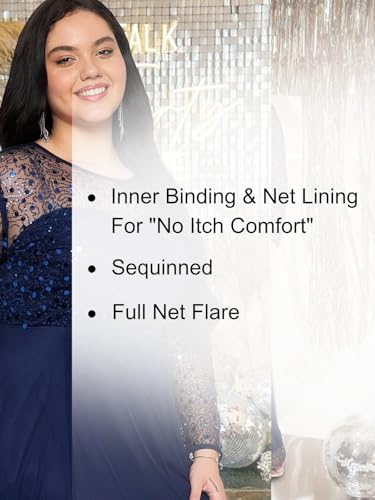 Image of wild U Women Plus Size Gown Dress | Embellished | Sequinned | Non Itch Finish | Sleeves | Cocktail (Navy Blue, Size: 3XL to 8XL)