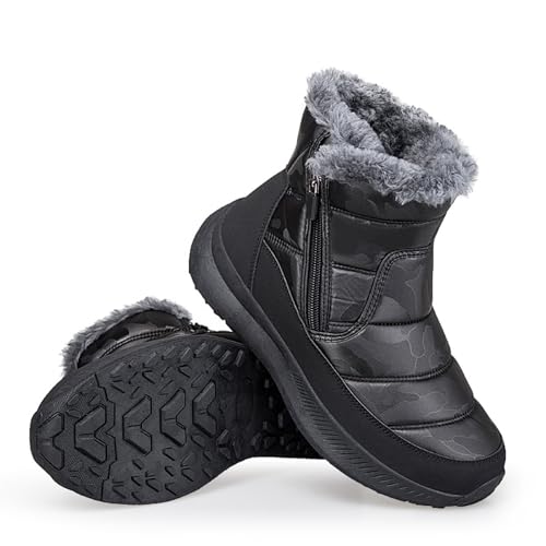 Women's Leather Waterproof Insulated Winter Wedge Snow Ankle Boots Comfortable Cold-Resistant Warm Fluff Lined Anti-Slip Side Zipper Platform Short Boot for Cold Weather Outdoor Work